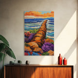 Ocean Path, Wildflowers, Shoreline, Framed Canvas Print coastal path wall art, ocean wildflower painting, beach garden style, hallway decor