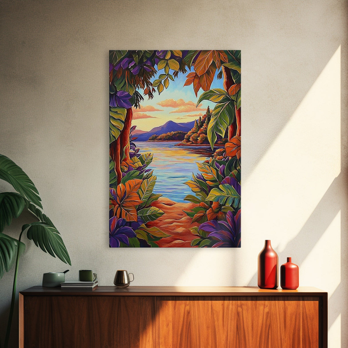 Tropical Lake, Sunset, Leaves, Canvas Print colorful tropical art, jungle boho decor, vibrant beach house wall art, exotic nature room print
