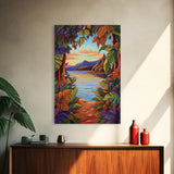 Tropical Lake, Sunset, Leaves, Canvas Print colorful tropical art, jungle boho decor, vibrant beach house wall art, exotic nature room print