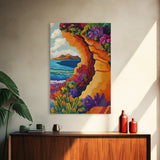 Cliffside Flowers, Ocean, Landscape, Framed Canvas Print floral coastal wall art, textured seaside painting, beach house decor, boho art style