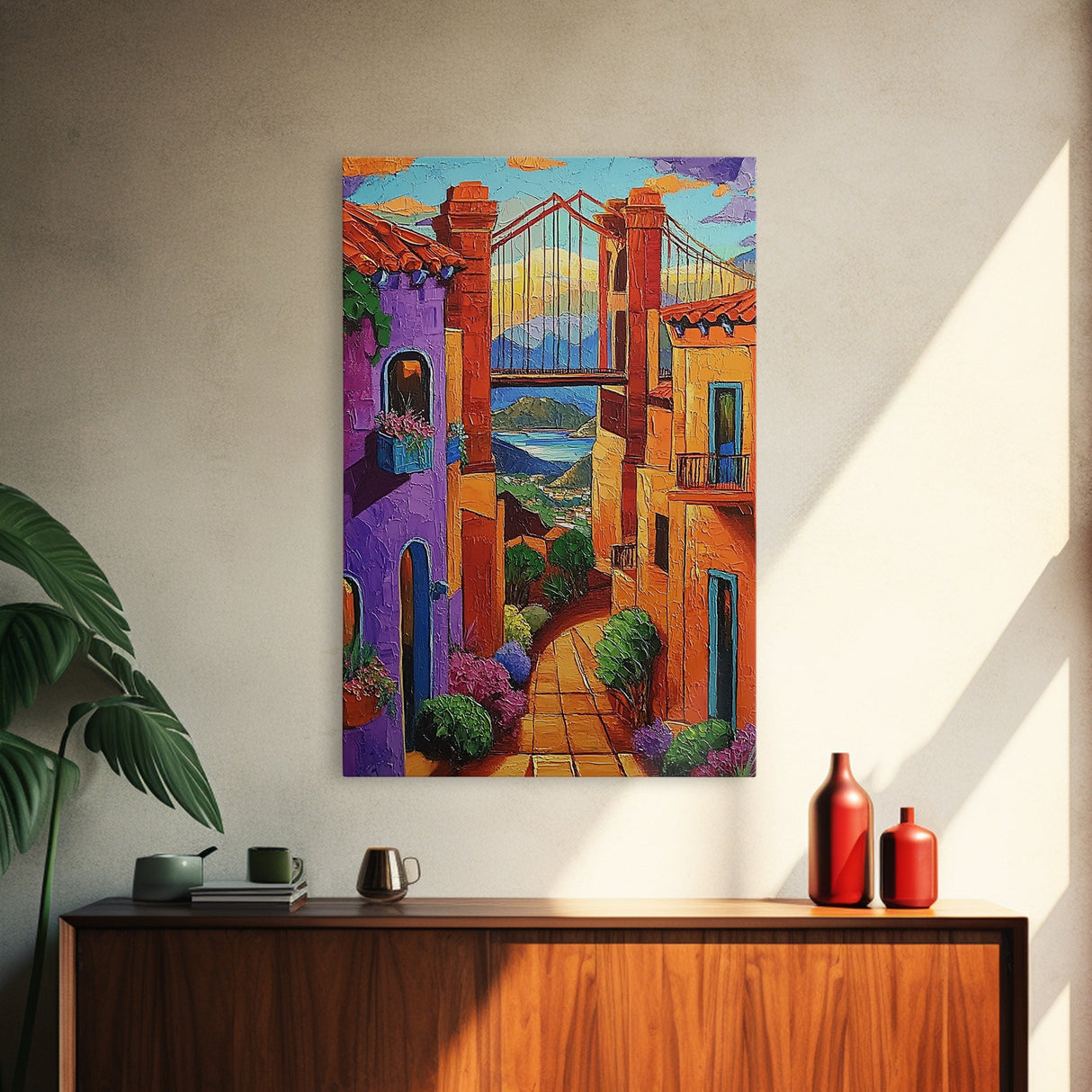 Bridge Street, Sunset, Framed Canvas Print, Colorful Cityscape Wall Art, Vibrant Urban Decor, Boho Architecture Print, Hallway Wall Art