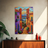 Bridge Street, Sunset, Framed Canvas Print, Colorful Cityscape Wall Art, Vibrant Urban Decor, Boho Architecture Print, Hallway Wall Art