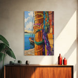 Boat Dock, Ropes, Framed Canvas Print, Nautical Coastal Wall Art, Vibrant Marina Scene, Boho Seaside Decor, Bathroom art, Office Wall Art