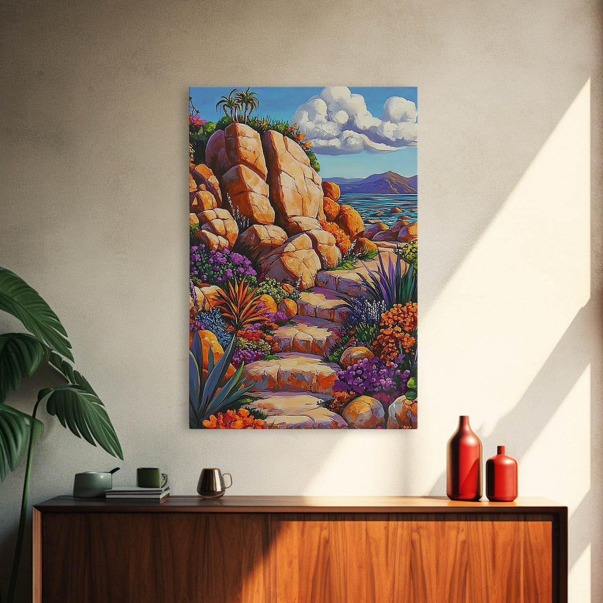 Rocky Pathway, Flowers, Framed Canvas Print, Vibrant Desert Trail Art, Colorful Landscape Wall Decor, Boho Living Room Wall Art