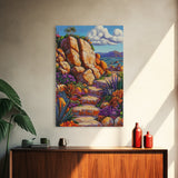 Rocky Pathway, Flowers, Framed Canvas Print, Vibrant Desert Trail Art, Colorful Landscape Wall Decor, Boho Living Room Wall Art