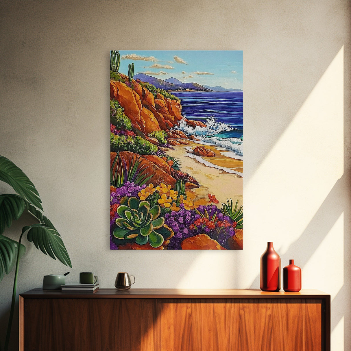Ocean Cactus, Sunset, Framed Canvas Print, Southwest Coastal Art, Desert Beach Wall Decor, Colorful Nature Scene, Bathroom Wall Art
