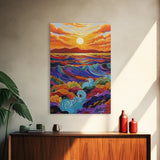 Sunset Ocean, Waves, Framed Canvas Print, Vibrant Abstract Seascape Wall Art, Colorful Ocean Decor, Living Room Statement Art