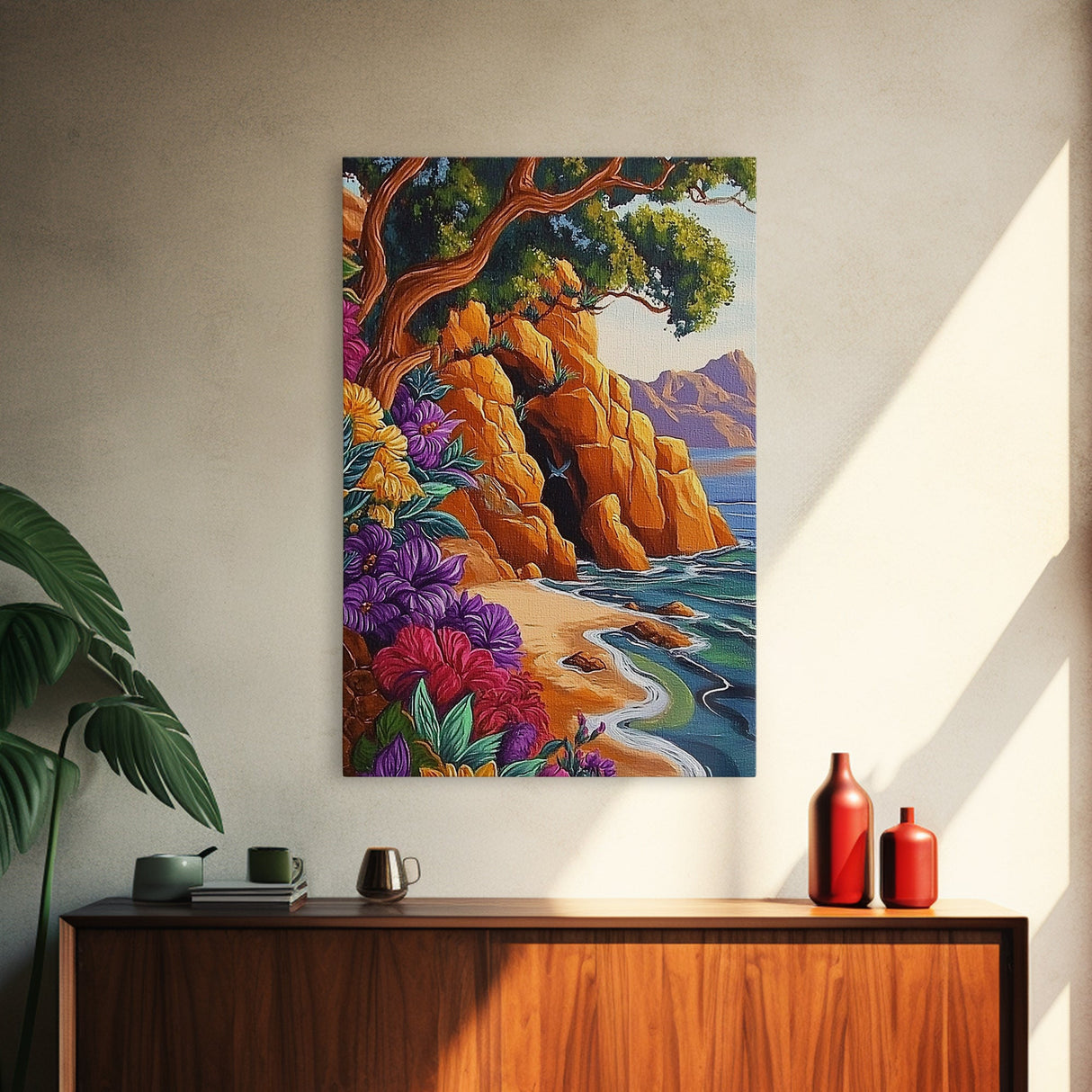 Cave Beach, Flowers, Framed Canvas Print, Coastal Landscape Wall Art, Colorful Boho Nature Decor, Living Room art, Office Wall Art