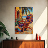 Chair Blanket, Breeze, Shore, Canvas Print, beach chair art, coastal boho decor, sunny retreat wall art, tropical relaxation, porch vibes