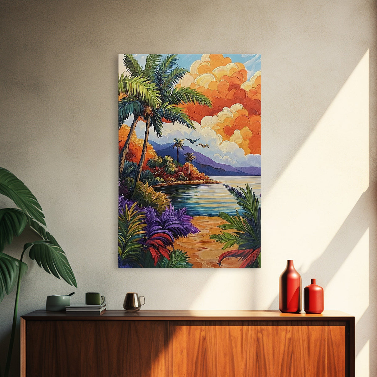 Sunset Palms, Ocean, Autumn, Framed Canvas Print coastal tropical wall art, bold sunset palm decor, boho living room art, beach house vibe