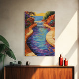 Pool Garden, Oasis, Sunset, Framed Canvas Print vibrant patio wall art, tropical courtyard landscape, kitchen art, sunroom boho decor