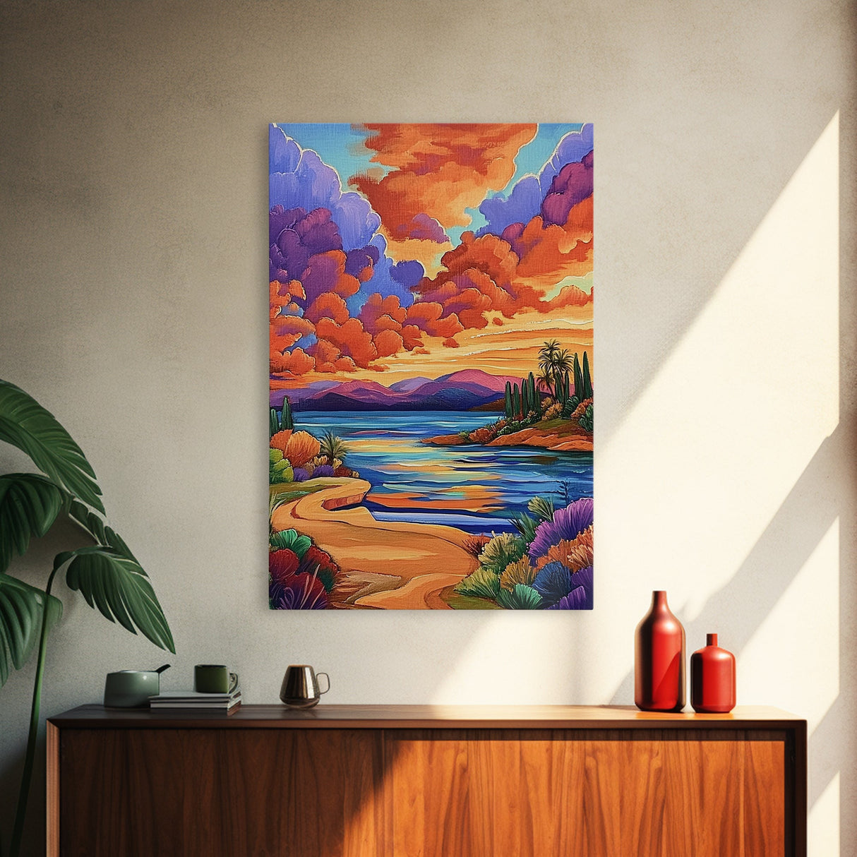 Sunset Lake, Pathway, Dreamy, Framed Canvas Print vibrant sunset lake art, colorful sky and mountain scene, living room art, office boho decor