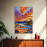 Sunset Lake, Pathway, Dreamy, Framed Canvas Print vibrant sunset lake art, colorful sky and mountain scene, living room art, office boho decor