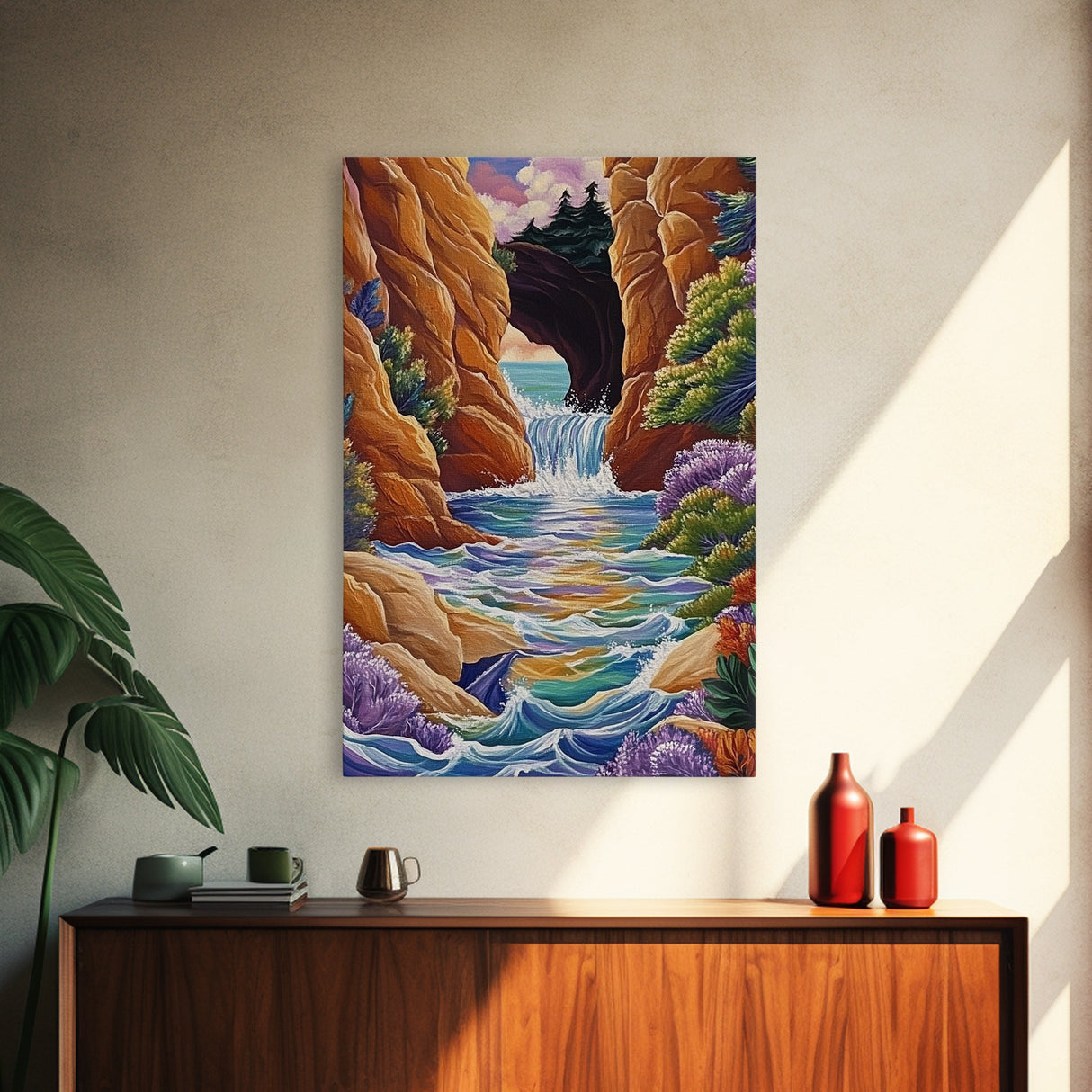 Waterfall Arch, Canyon, Coastal, Framed Canvas Print dramatic coastal waterfall painting, colorful canyon ocean view, nature boho decor