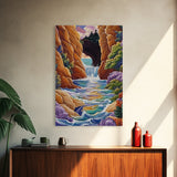 Waterfall Arch, Canyon, Coastal, Framed Canvas Print dramatic coastal waterfall painting, colorful canyon ocean view, nature boho decor