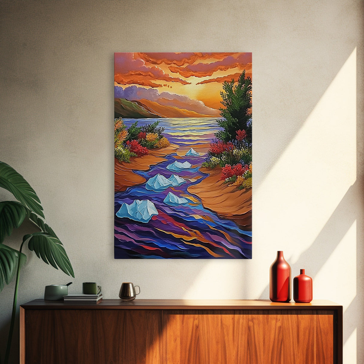 Icebergs River, Sunset, Autumn, Framed Canvas Print colorful autumn iceberg painting, vibrant sunset water flow, fall landscape wall art