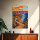 Coastal Village, Pathway, Sunset, Framed Canvas Print, Mediterranean coastal art, colorful landscape painting, boho living room wall decor