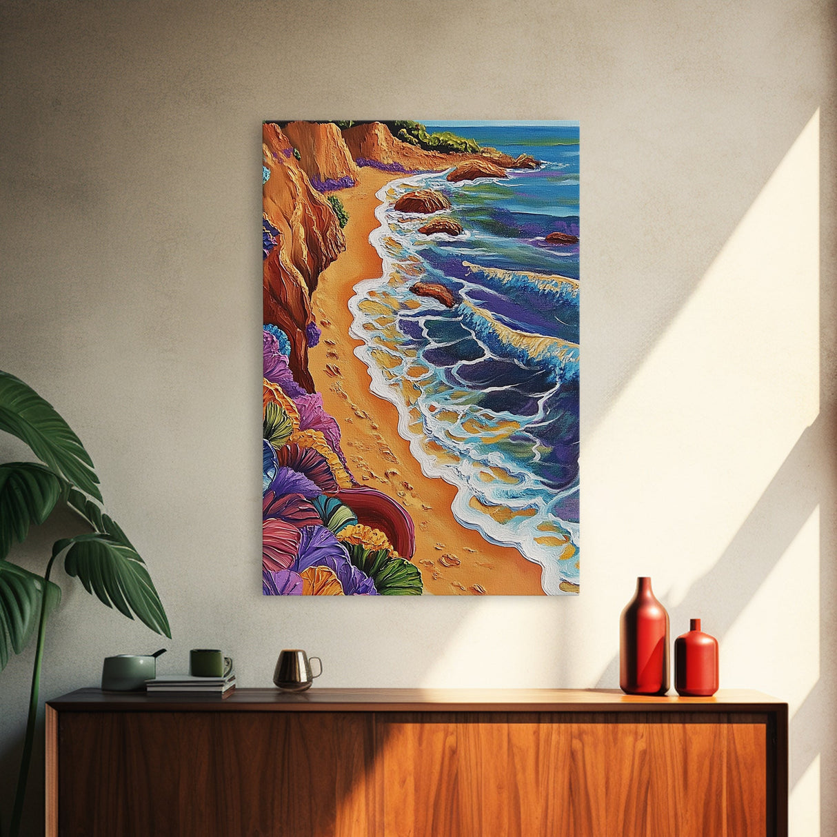Cliff Shoreline, Ocean, Flowers, Framed Canvas Print, coastal boho art, colorful seascape, beach lover gift, bathroom or hallway art