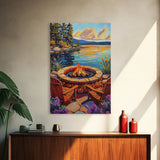 Firepit Chairs, Lake, Sunset, Framed Canvas Print, outdoor patio wall decor, rustic lakeside art, cozy fall cabin retreat artwork
