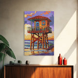 Lifeguard Ocean, Surf, Sunset, Framed Canvas Print, Vibrant Lifeguard Tower Canvas, Surf Shack Painting, Beach Wall Art, Living Room Accent