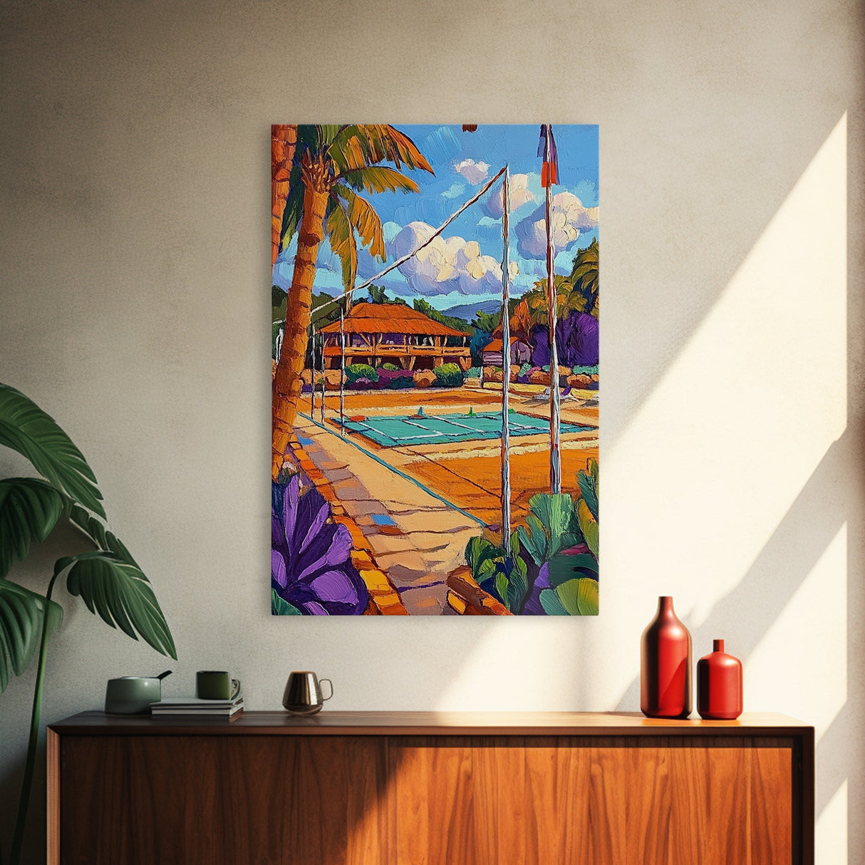 Resort Courts, Palms, Canvas Print, Tropical travel art, boho outdoor decor, living room wall art, vacation dreamscape, palm tree landscape