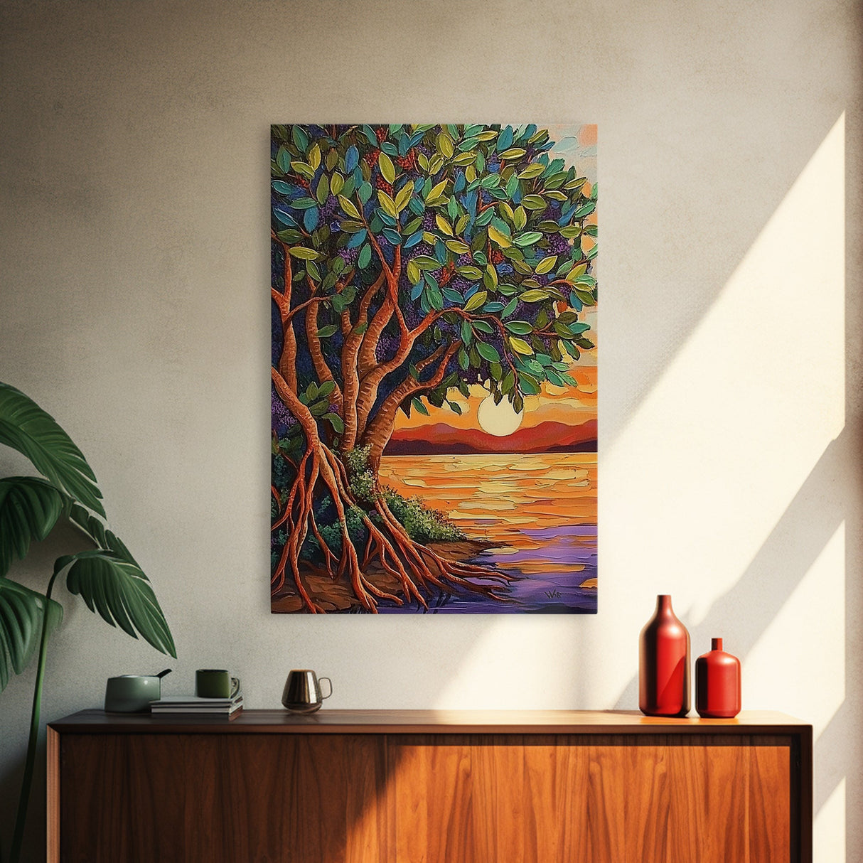 Sunset Tree, Roots, Mangrove Tree Wall Art, Spiritual Nature Decor, Zen Meditation Room Accent, Framed Canvas Print