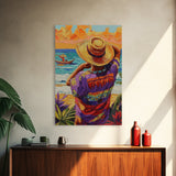 Seaside Man, Sunset, Framed Canvas Print, Vibrant beach artwork, coastal boho decor, hallway wall art, Mexico travel scene painting