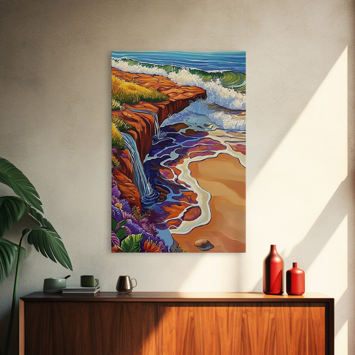 Waterfall Beach, Sunset, Coastal Landscape Framed Canvas Print, Colorful Ocean Wall Decor, Living Room Coastal Art, Seaside Painting