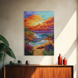 Seaside Sunset, Cliff, Dramatic Clouds Framed Canvas Print, Vibrant Ocean Wall Decor, Bathroom Beach Art, Coastal Expressionism