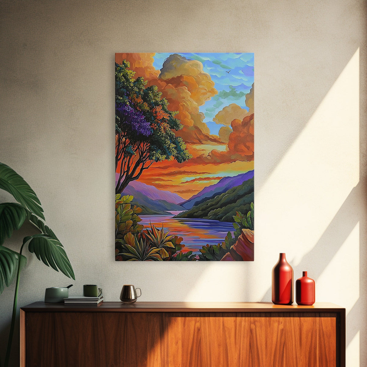 Sunset Lake, Tree, Vivid Nature Framed Canvas Print, Autumn Scenic Wall Art, Bedroom Fall Landscape Decor, Impressionist Style