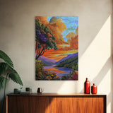Sunset Lake, Tree, Vivid Nature Framed Canvas Print, Autumn Scenic Wall Art, Bedroom Fall Landscape Decor, Impressionist Style