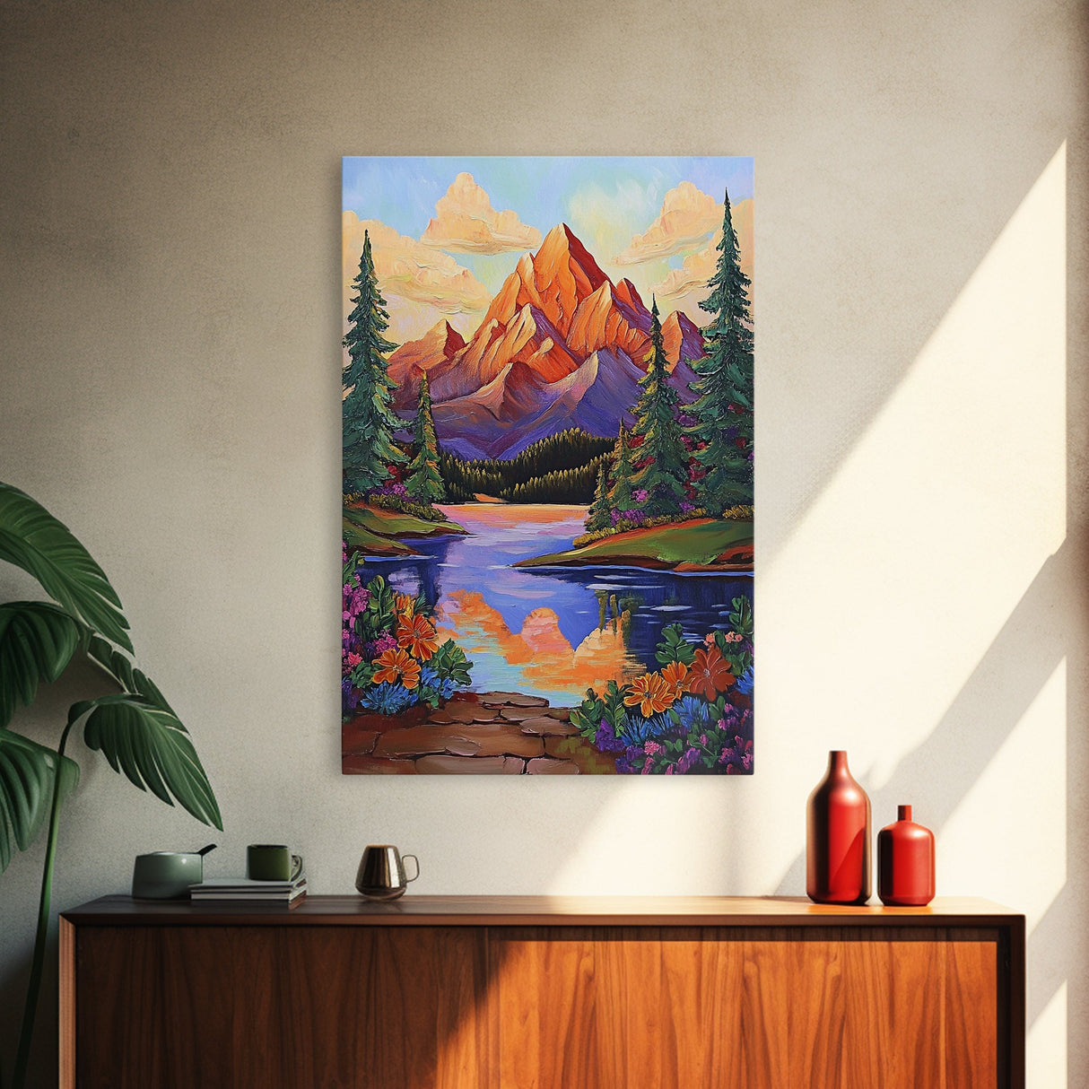 Mountain Sunset, Floral, Lakeview Framed Canvas Print, Bold Nature Landscape, Entryway Autumn Art, Vibrant Boho Wall Decor