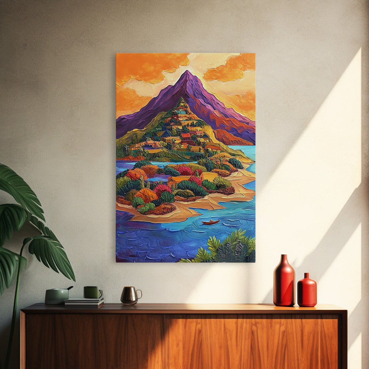Mountain Village, Sunset, Adventure, Framed Canvas Print, Bright Landscape Wall Art, Colorful Home Decor, Eclectic Living Room Art