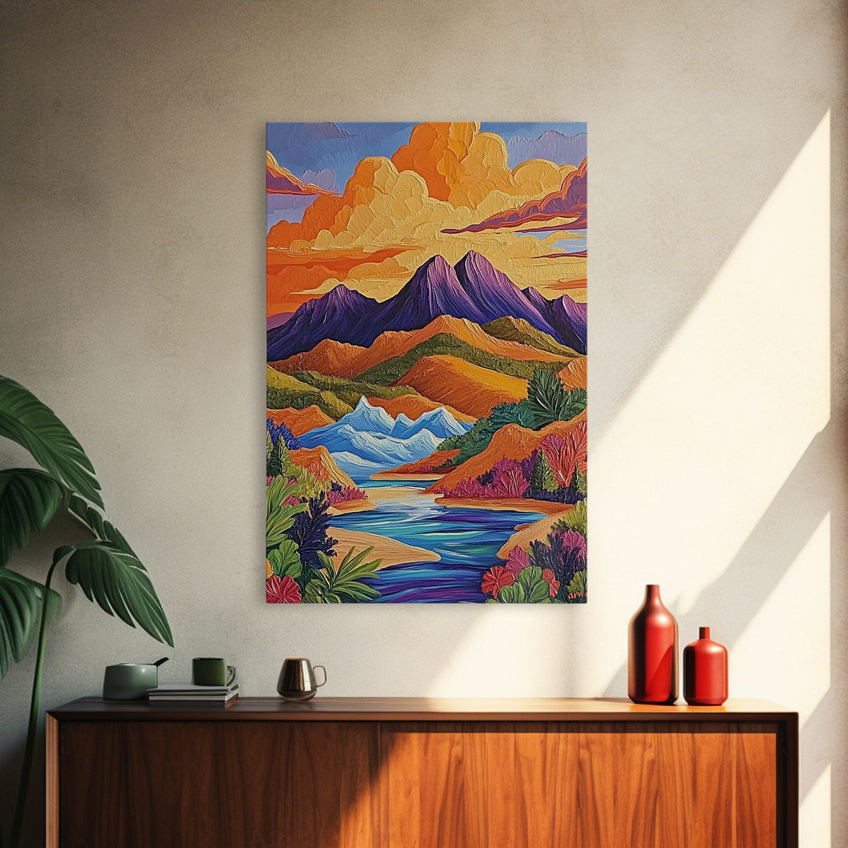 Sunset River, Mountain, Scenic, Framed Canvas Print, Bold Landscape Art, Modern Boho Wall Decor, Nature Scene Living Room Accent