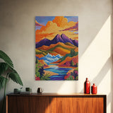 Sunset River, Mountain, Scenic, Framed Canvas Print, Bold Landscape Art, Modern Boho Wall Decor, Nature Scene Living Room Accent