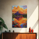 Mountain Reflection, Lake, Sunset, Framed Canvas Print, Vibrant Nature Wall Art, Rustic Cabin Decor, Bold Sunset Landscape Painting