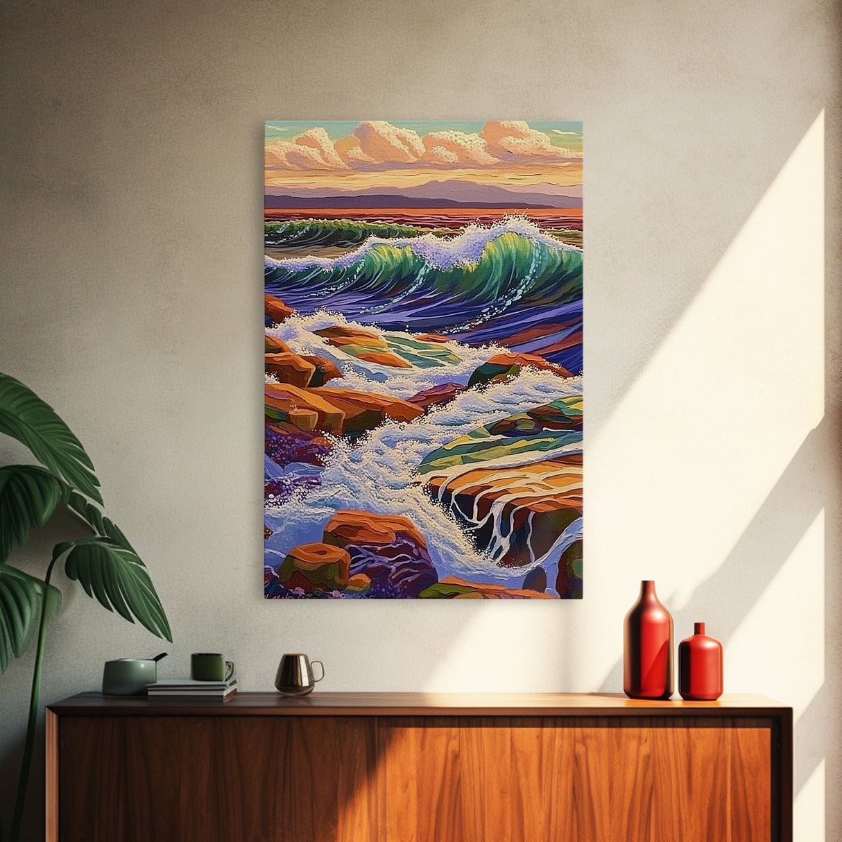 Waves Rocky, Shoreline, Sunset, Framed Canvas Print, Coastal Nature Art, Vibrant Seascape Wall Decor, Bathroom or Living Room Art