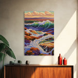 Waves Rocky, Shoreline, Sunset, Framed Canvas Print, Coastal Nature Art, Vibrant Seascape Wall Decor, Bathroom or Living Room Art