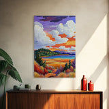 Autumn Fields Art, Colorful Fall Landscape, Cozy Sunset Decor, Nature Vibes Print, Framed Canvas Print, Bedroom Wall Art, rustic style