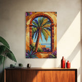 Palm Tree, Tropical Window, Coastal Home, Framed Canvas Print, beach wall art, boho art, Mediterranean decor, Kitchen Wall Art