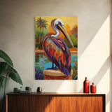 Pelican Portrait, Coastal Bird, Tropical Scene, Canvas Print, beach house decor, boho coastal art, Wildlife Painting, Living Room Wall Art