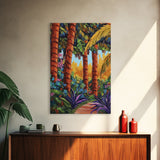 Palm Forest, Jungle Path, Tropical Garden, Canvas Print, exotic greenery, vibrant landscape painting, boho decor, Bathroom Wall Art