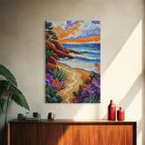 Coastal Sunset, Tropical Beach, Colorful Seascape, Ocean Art, Framed Canvas Print, Vibrant wall decor, Bathroom Wall Art, boho art