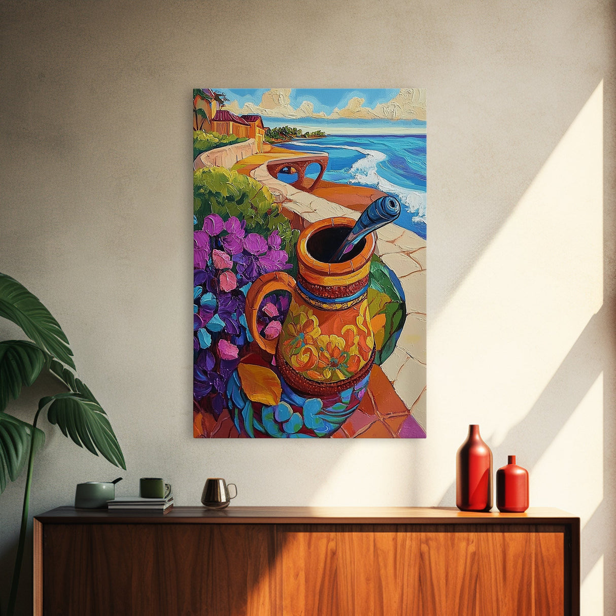 Ocean View, Rustic Charm, Colorful Pottery, Coastal Decor, Framed Canvas Print, Dining Room Wall Art, Mexican Folk Art, vibrant style