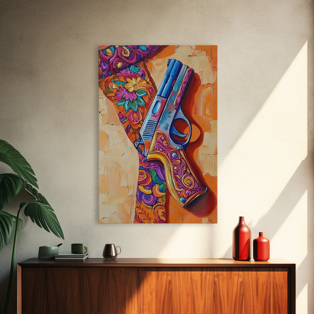 Bold Gun Art, Floral Pistol, Vibrant Western, Pop Art, Framed Canvas Print, Man Cave Wall Art, boho western decor, edgy wall art
