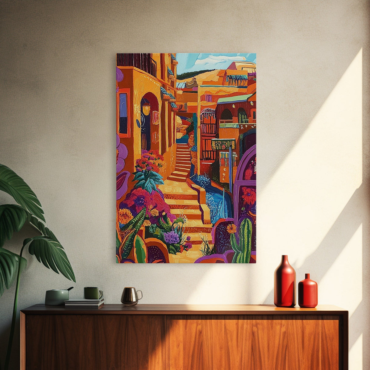 Adobe Village, Desert Color, Southwest Scene, Bright Homes, Framed Canvas Print, Living Room Wall Art, boho rustic art, warm decor