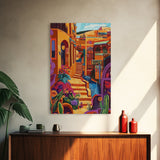 Adobe Village, Desert Color, Southwest Scene, Bright Homes, Framed Canvas Print, Living Room Wall Art, boho rustic art, warm decor