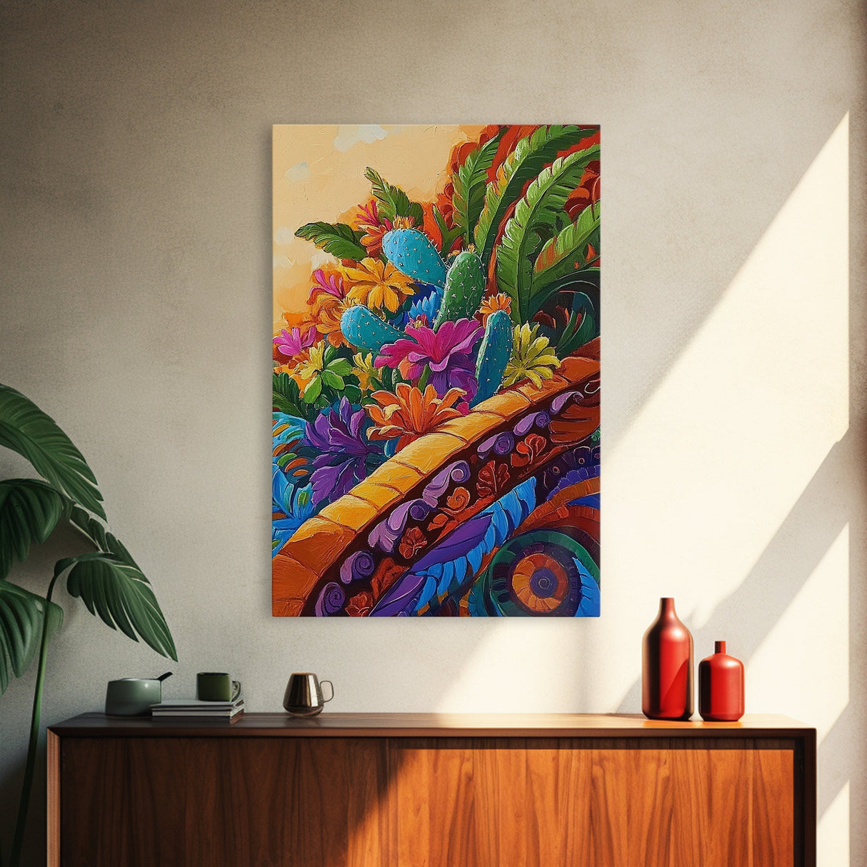 Fiesta Garden, Cactus Flowers, Bright Patio, Mexican Blooms, Framed Canvas Print, Kitchen Wall Art, boho floral decor, folk charm