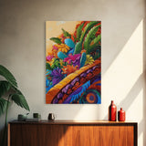 Fiesta Garden, Cactus Flowers, Bright Patio, Mexican Blooms, Framed Canvas Print, Kitchen Wall Art, boho floral decor, folk charm