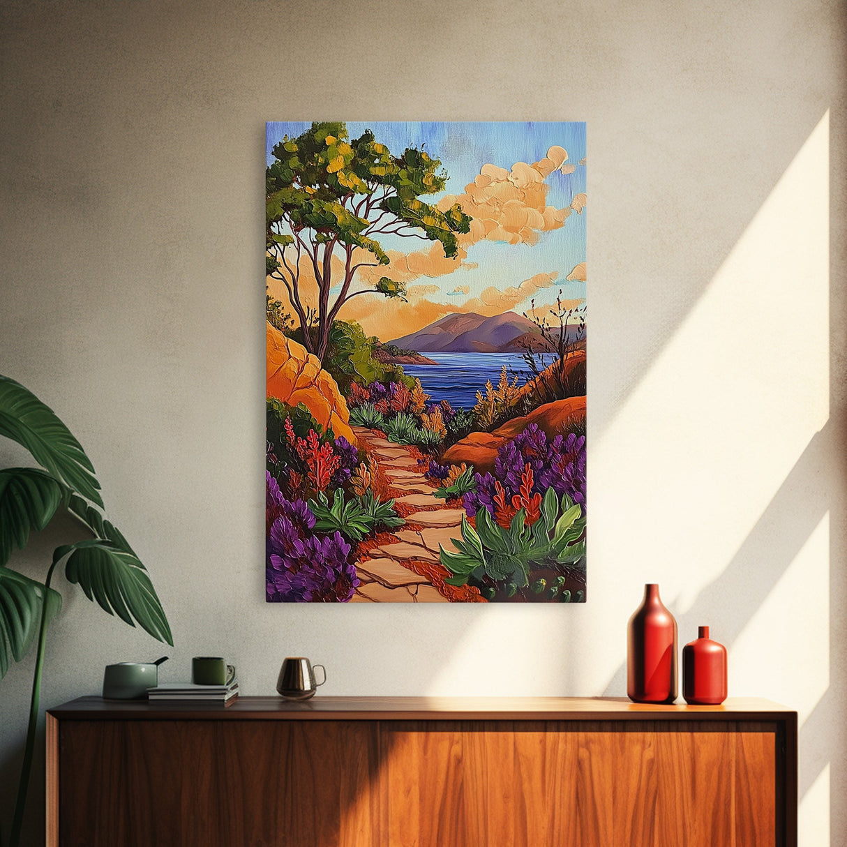 Mountain Path, Sunset Horizon, Autumn Landscape Wall Art, Canvas Print, Living Room Accent, Vibrant Fall Nature Scene, Outdoor Inspired Decor
